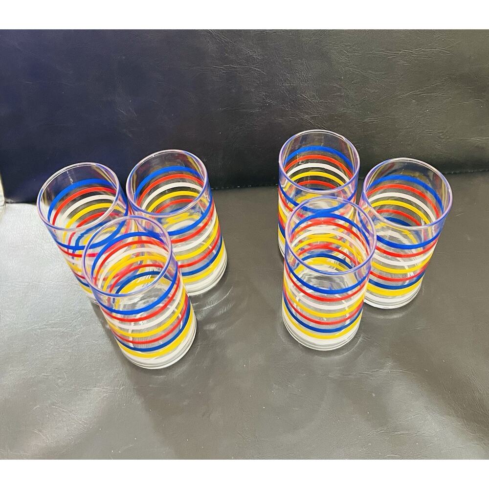 6 Retro Drinking Glass Fiesta Stripe Tumblers Blue Red White Yellow - Picture 2 of 3